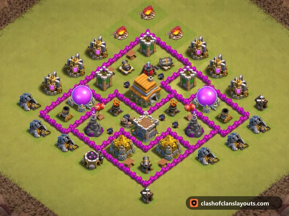 TH6 War Base Layout 66: Clash of Clans Town Hall 6 war base layout, full base picture