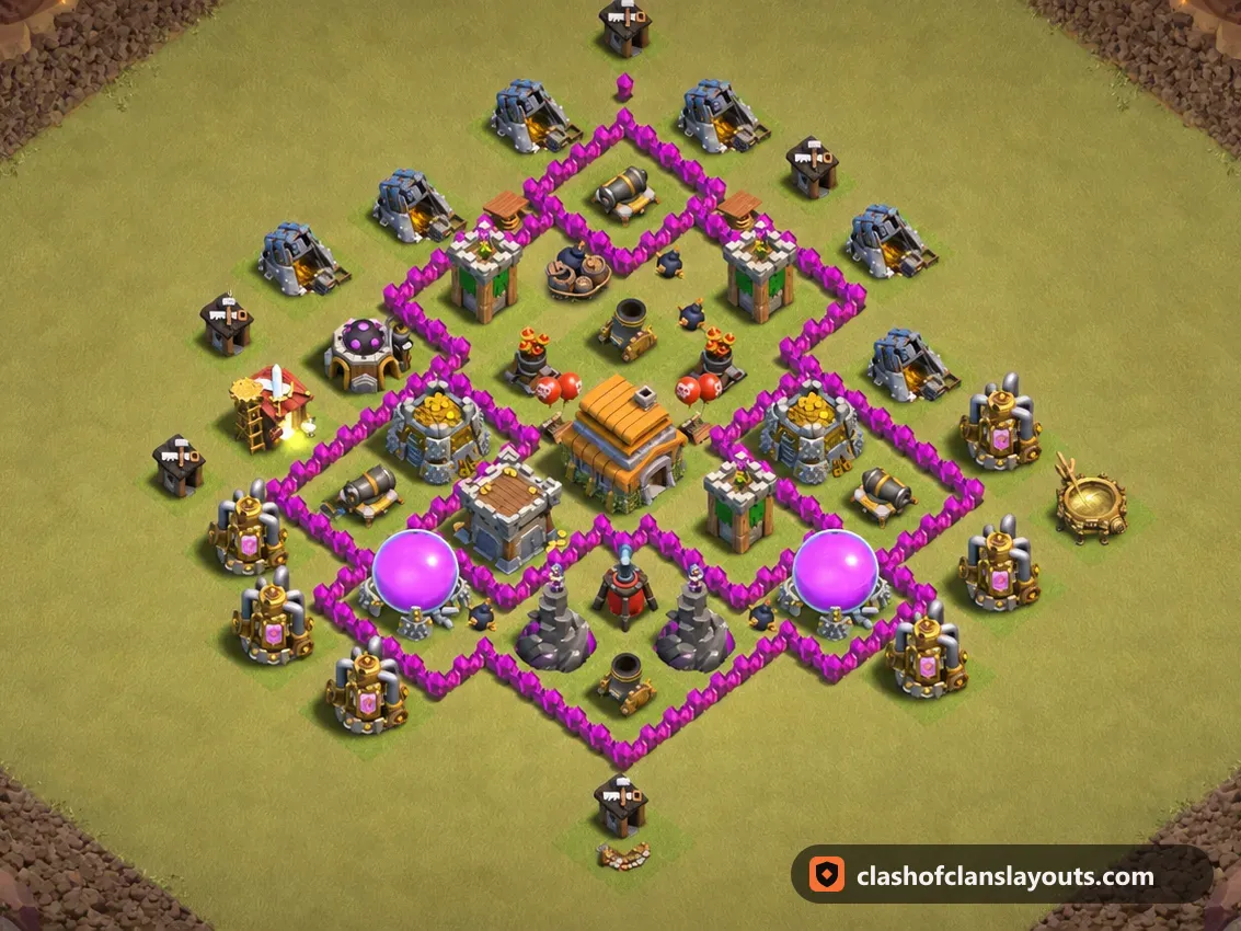 TH6 War Base Layout 67: Clash of Clans Town Hall 6 war base layout, full base picture
