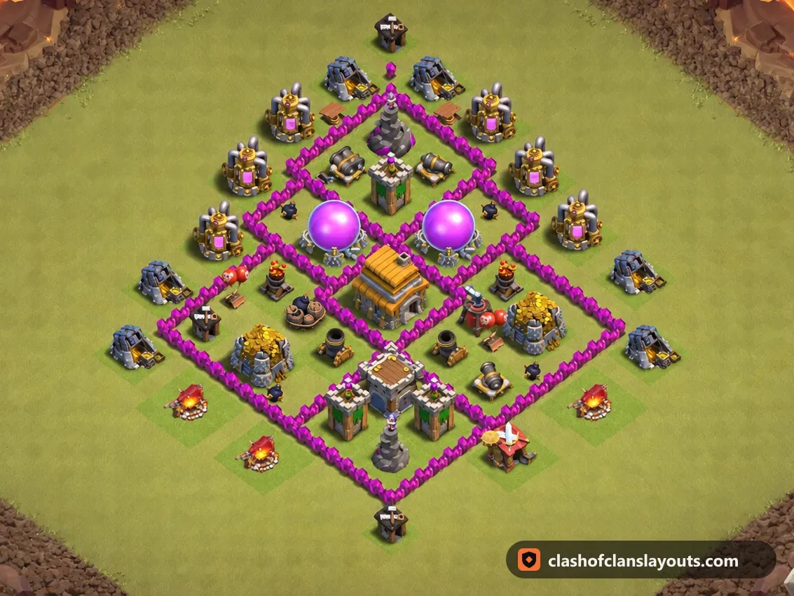 TH6 War Base Layout 68: Clash of Clans Town Hall 6 war base layout, full base picture