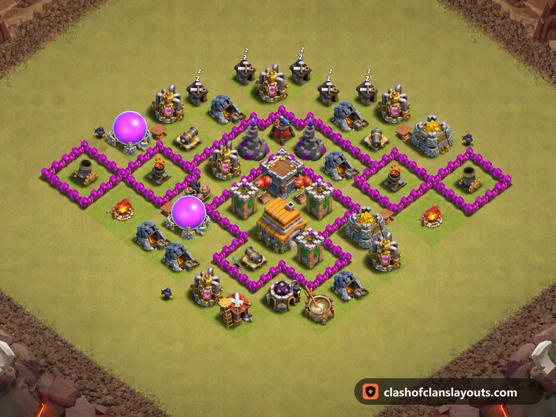 TH6 War Base Layout 69: Clash of Clans Town Hall 6 war base layout, full base picture