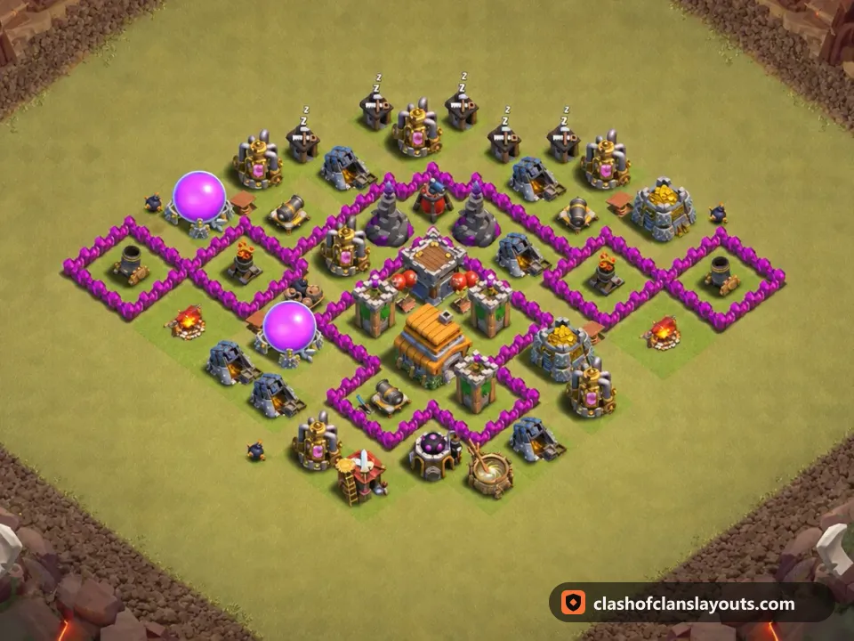 TH6 War Base Layout 69: Clash of Clans Town Hall 6 war base layout, full base picture
