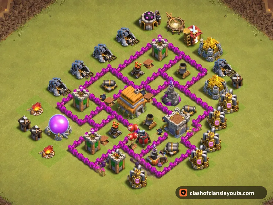 TH6 War Base Layout 70: Clash of Clans Town Hall 6 war base layout, full base picture