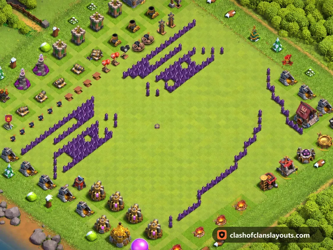 Base Divertida TH7 38: diseño de base de divertida para Ayuntamiento 7 de Clash of Clans, imagen completa de la base