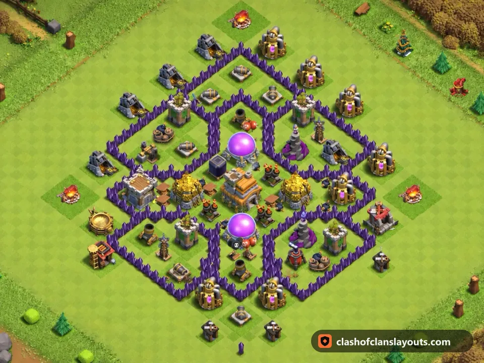 TH7 Hybrid Base Layout 255: Clash of Clans Town Hall 7 hybrid base layout, full base picture