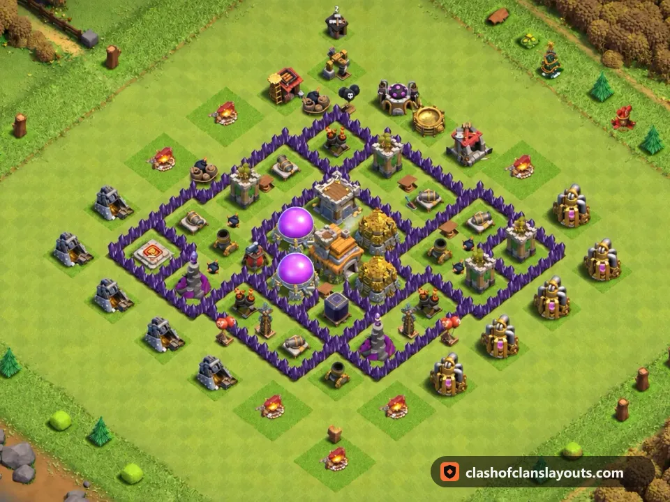 TH7 Hybrid Base Layout 257: Clash of Clans Town Hall 7 hybrid base layout, full base picture