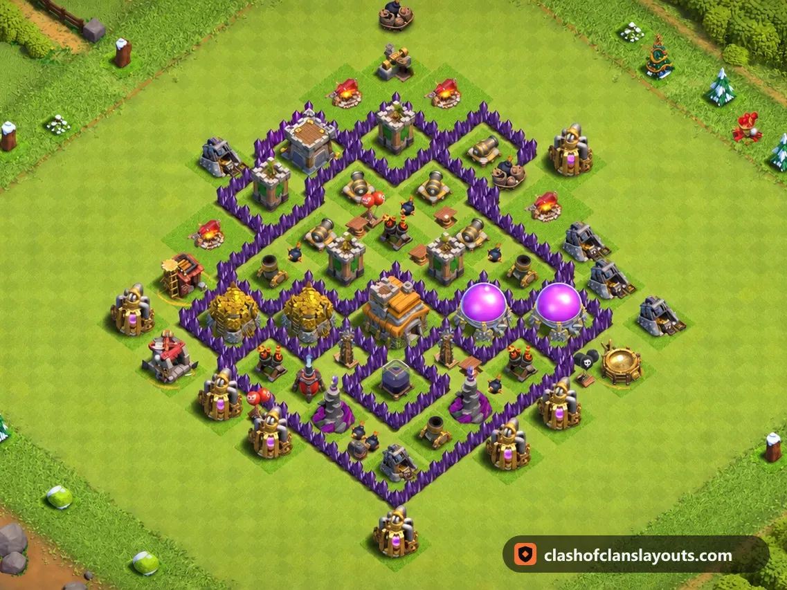 Base Híbrida TH7 258: layout de base híbrida de Clash of Clans para Centro de Vila 7, imagem completa da base