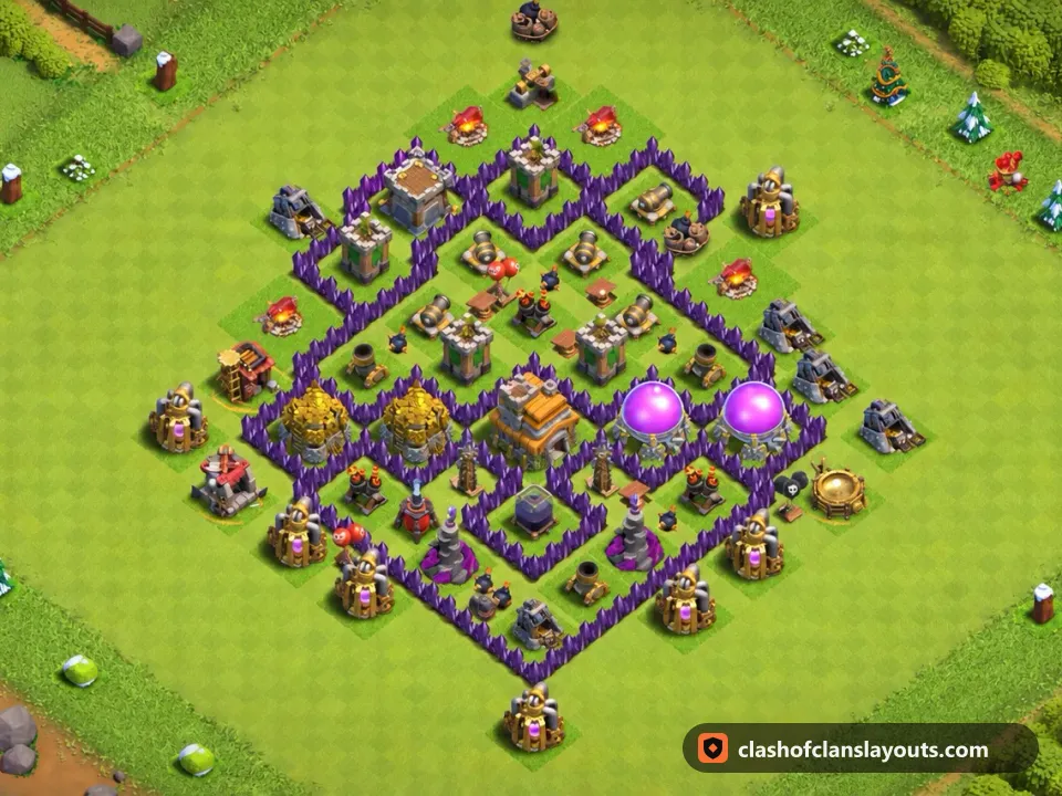 TH7 Hybrid Base Layout 258: Clash of Clans Town Hall 7 hybrid base layout, full base picture