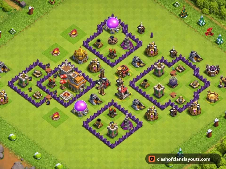 TH7 Hybrid Base Layout 264: Clash of Clans Town Hall 7 hybrid base layout, full base picture