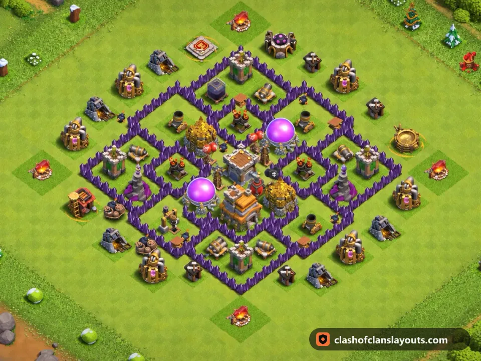 TH7 Hybrid Base Layout 265: Clash of Clans Town Hall 7 hybrid base layout, full base picture