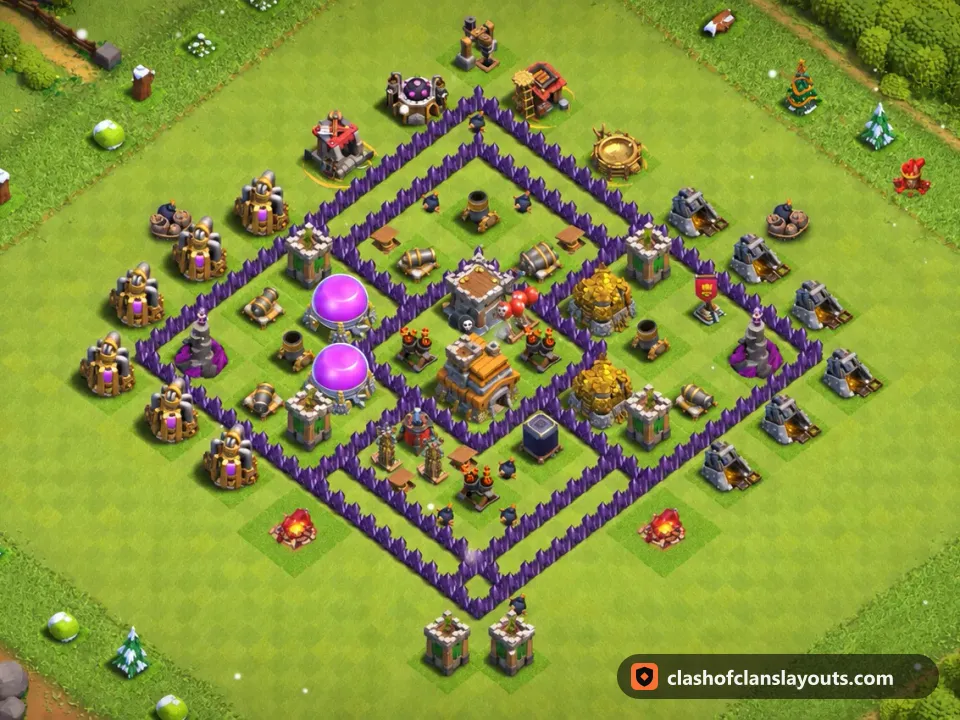 TH7 Hybrid Base Layout 267: Clash of Clans Town Hall 7 hybrid base layout, full base picture