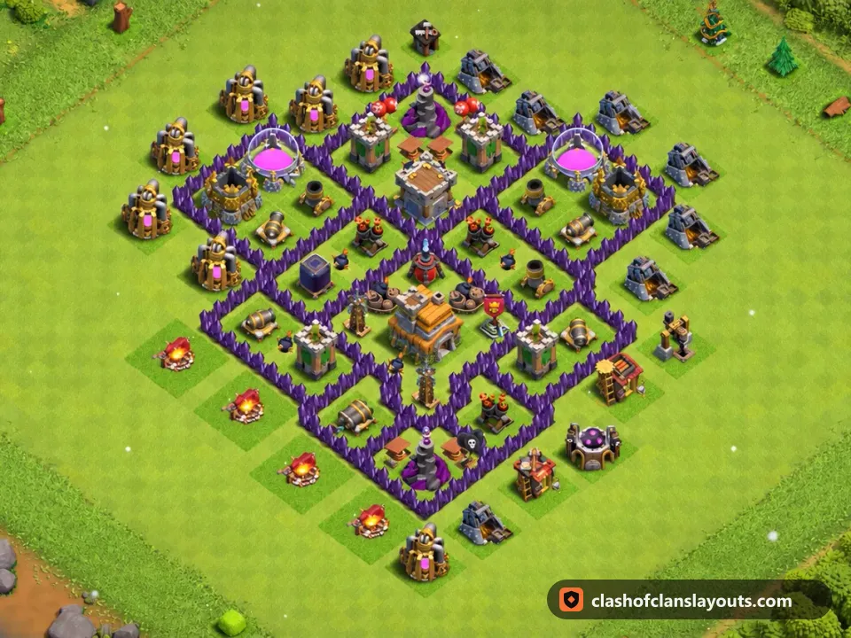 TH7 Trophy Base Layout 242: Clash of Clans Town Hall 7 trophy base layout, full base picture