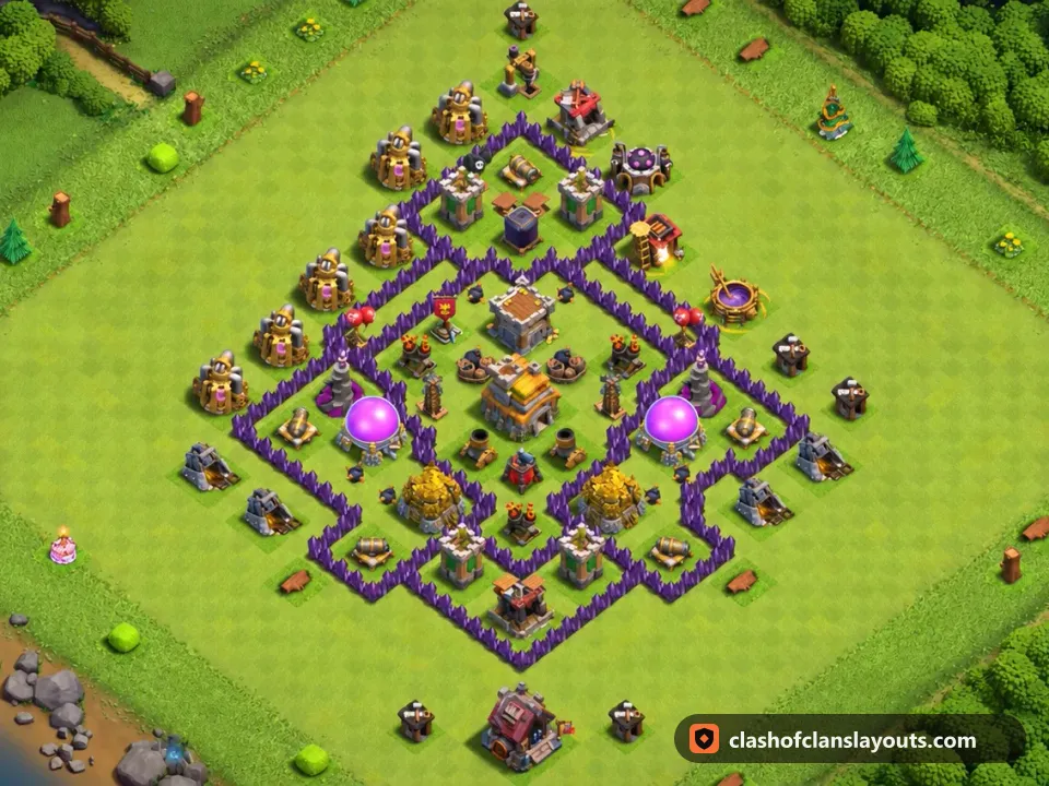 TH7 Trophy Base Layout 244: Clash of Clans Town Hall 7 trophy base layout, full base picture
