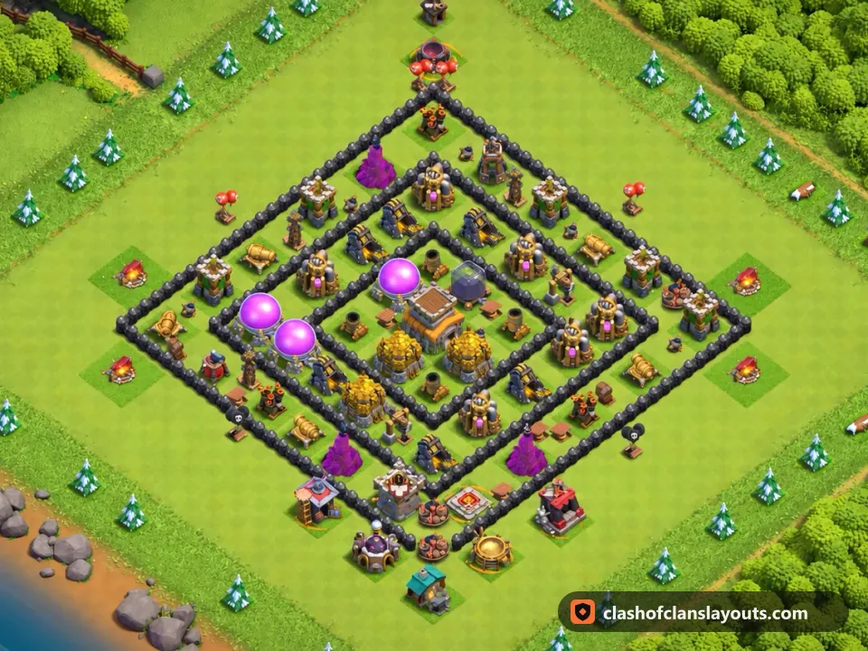 TH8 Farm Base Layout 297: Clash of Clans Town Hall 8 farm base layout, full base picture