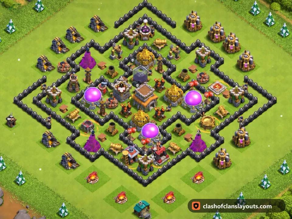 TH8 Farm Base Layout 300: Clash of Clans Town Hall 8 farm base layout, full base picture