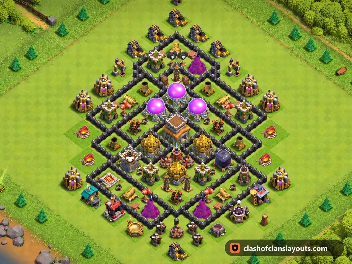 TH8 Farm Base Layout 301: Clash of Clans Town Hall 8 farm base layout, full base picture