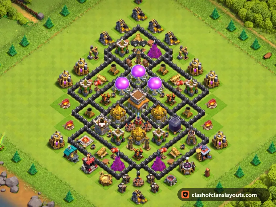 TH8 Farm Base Layout 301: Clash of Clans Town Hall 8 farm base layout, full base picture
