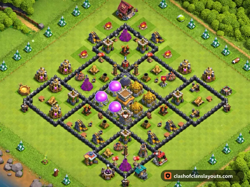 TH8 Farm Base Layout 302: Clash of Clans Town Hall 8 farm base layout, full base picture