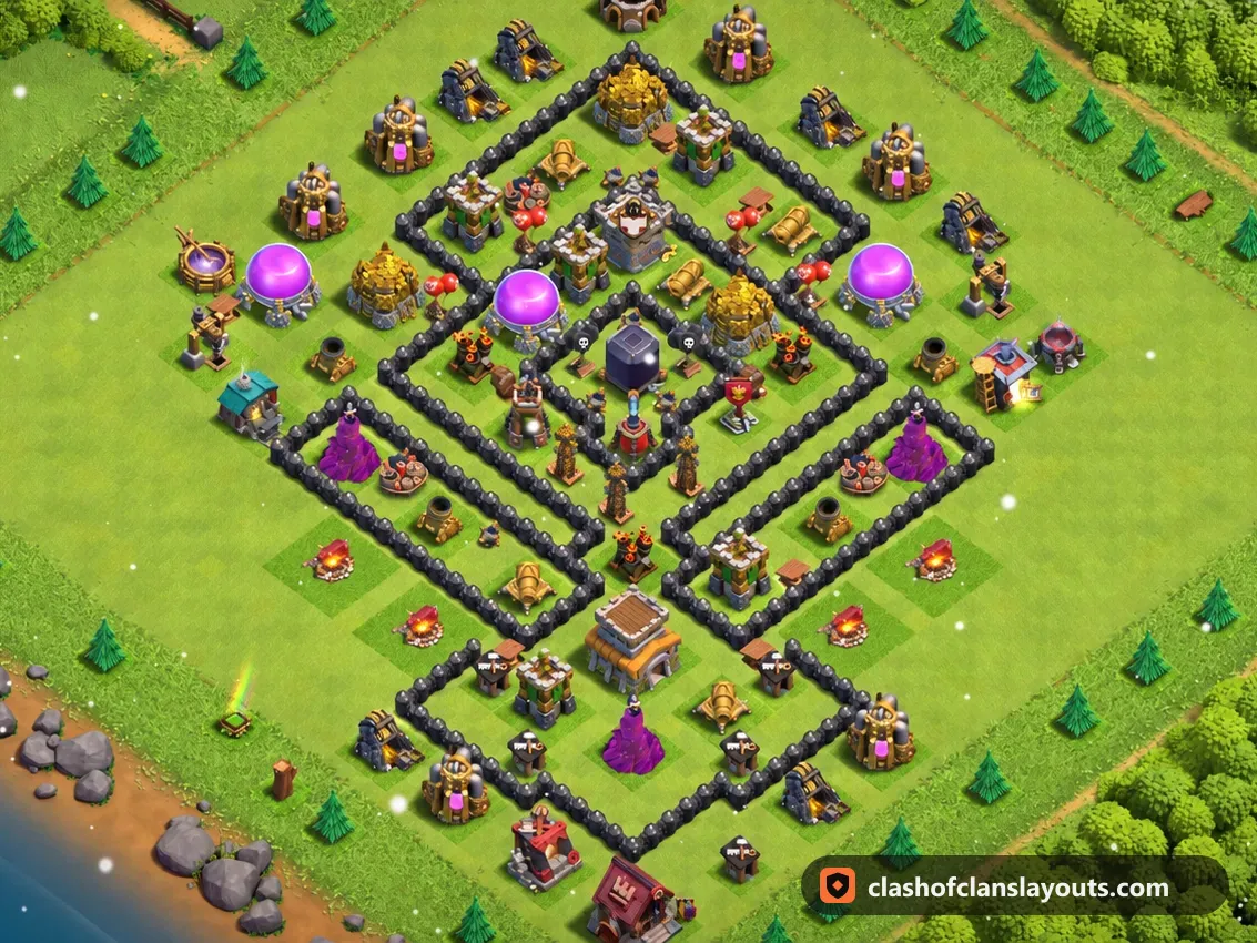 TH8 Farm Base Layout 303: Clash of Clans Town Hall 8 farm base layout, full base picture