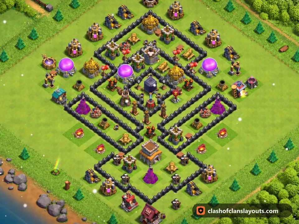 TH8 Farm Base Layout 303: Clash of Clans Town Hall 8 farm base layout, full base picture