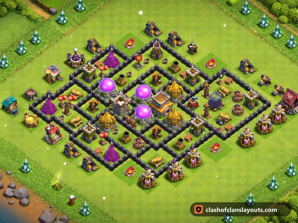 TH8 Farm Base Layout 304: Clash of Clans Town Hall 8 farm base layout, full base picture