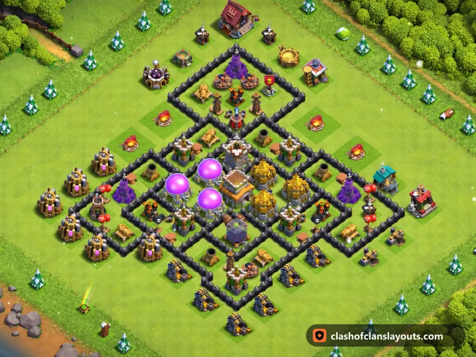 TH8 Farm Base Layout 305: Clash of Clans Town Hall 8 farm base layout, full base picture