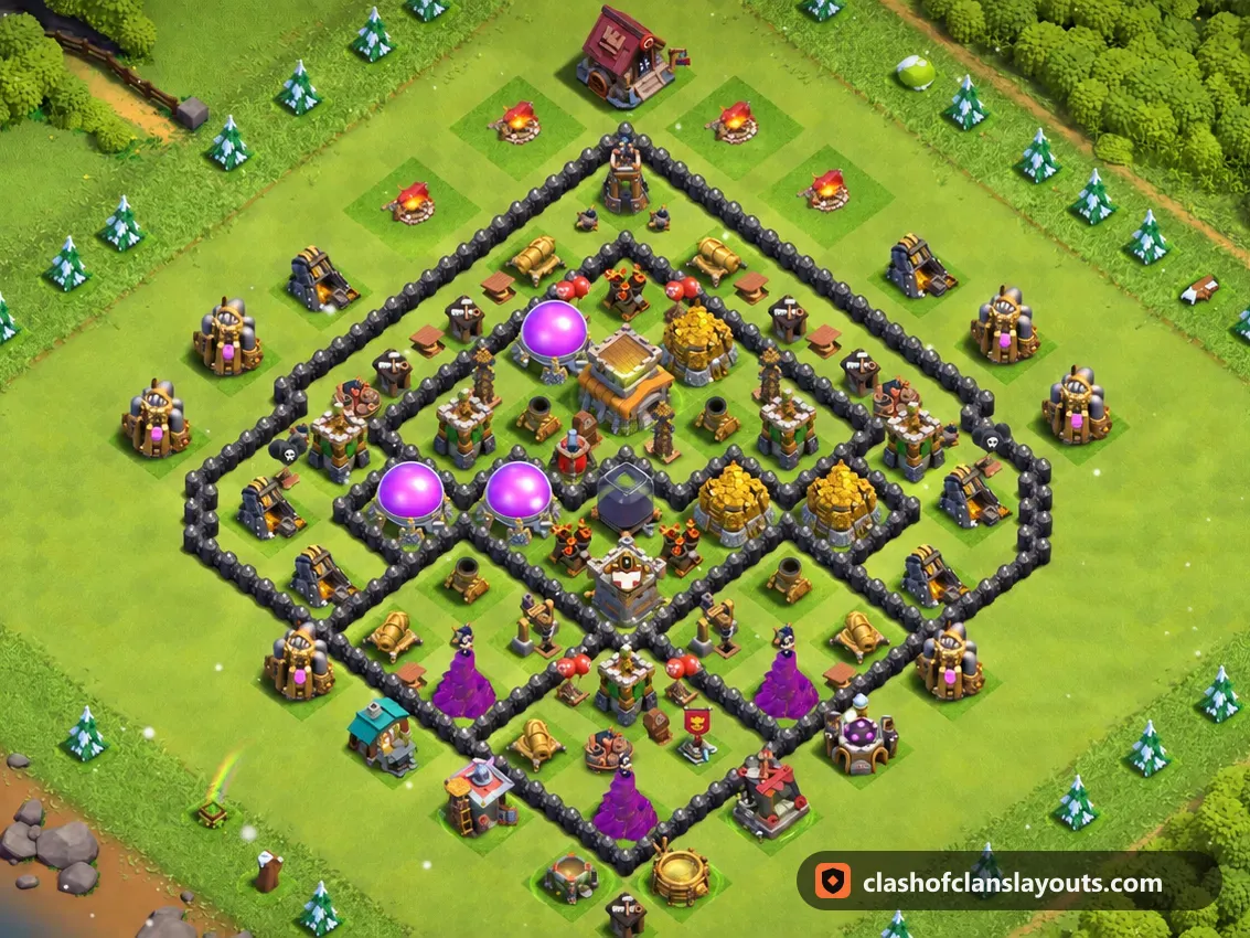 TH8 Farm Base Layout 307: Clash of Clans Town Hall 8 farm base layout, full base picture