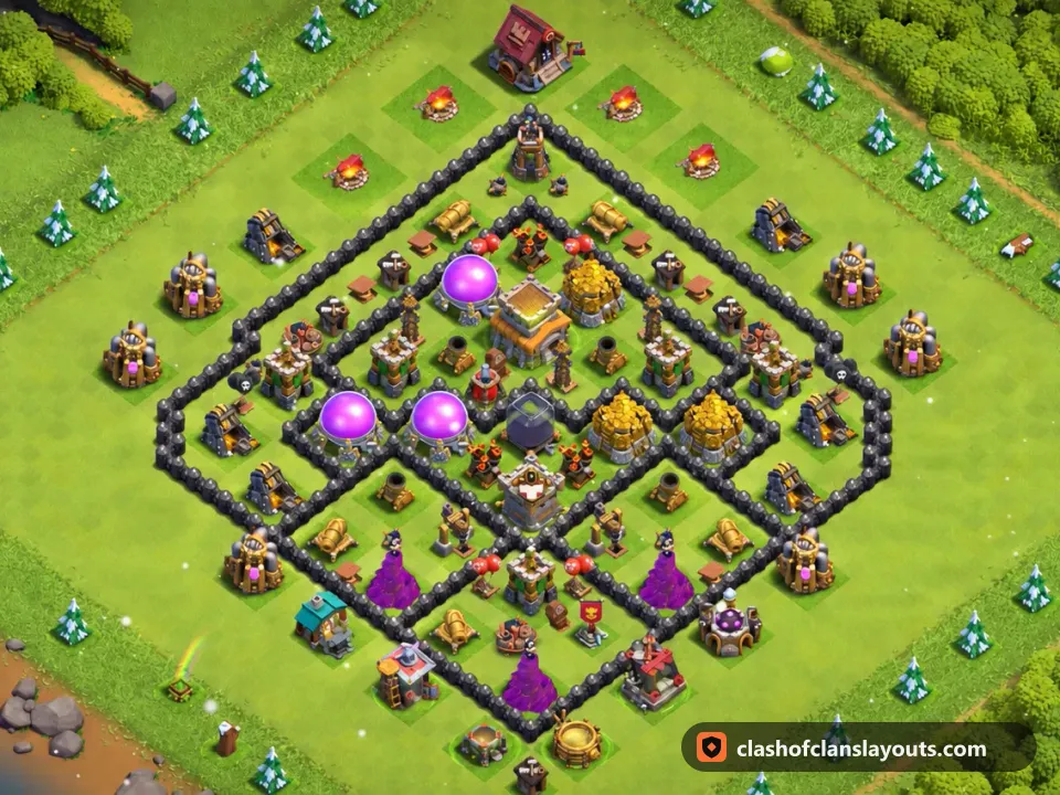 TH8 Farm Base Layout 307: Clash of Clans Town Hall 8 farm base layout, full base picture