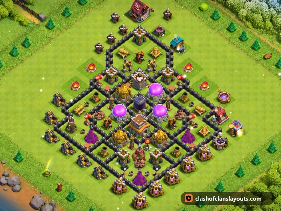 TH8 Farm Base Layout 308: Clash of Clans Town Hall 8 farm base layout, full base picture
