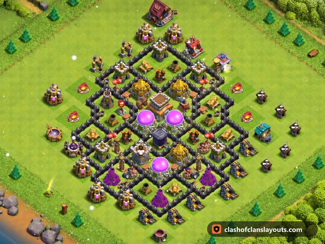 TH8 Farm Base Layout 309: Clash of Clans Town Hall 8 farm base layout, full base picture