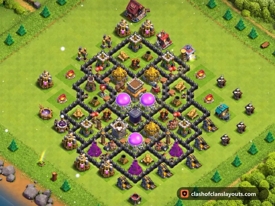 TH8 Farm Base Layout 309: Clash of Clans Town Hall 8 farm base layout, full base picture