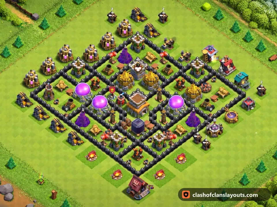 TH8 Farm Base Layout 310: Clash of Clans Town Hall 8 farm base layout, full base picture