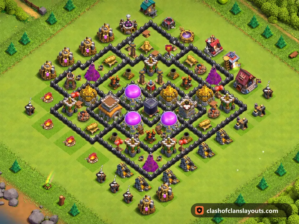 TH8 Farm Base Layout 311: Clash of Clans Town Hall 8 farm base layout, full base picture