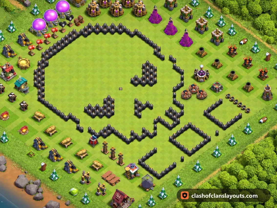 Base Divertida TH8 50: diseño de base de divertida para Ayuntamiento 8 de Clash of Clans, imagen completa de la base