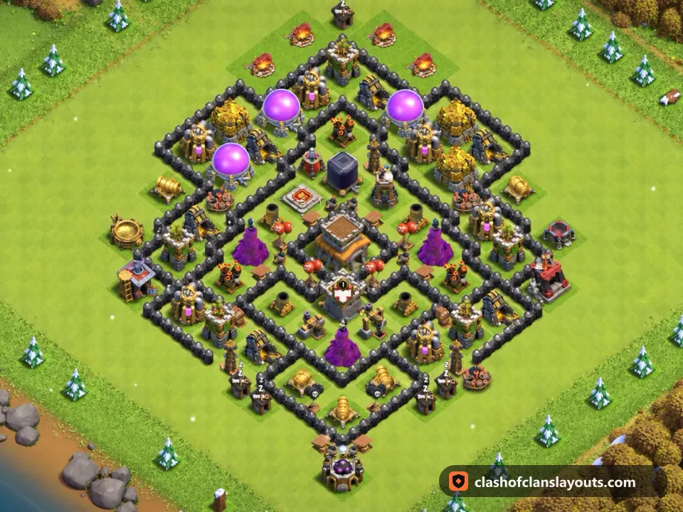 TH8 Hybrid Base Layout 282: Clash of Clans Town Hall 8 hybrid base layout, full base picture