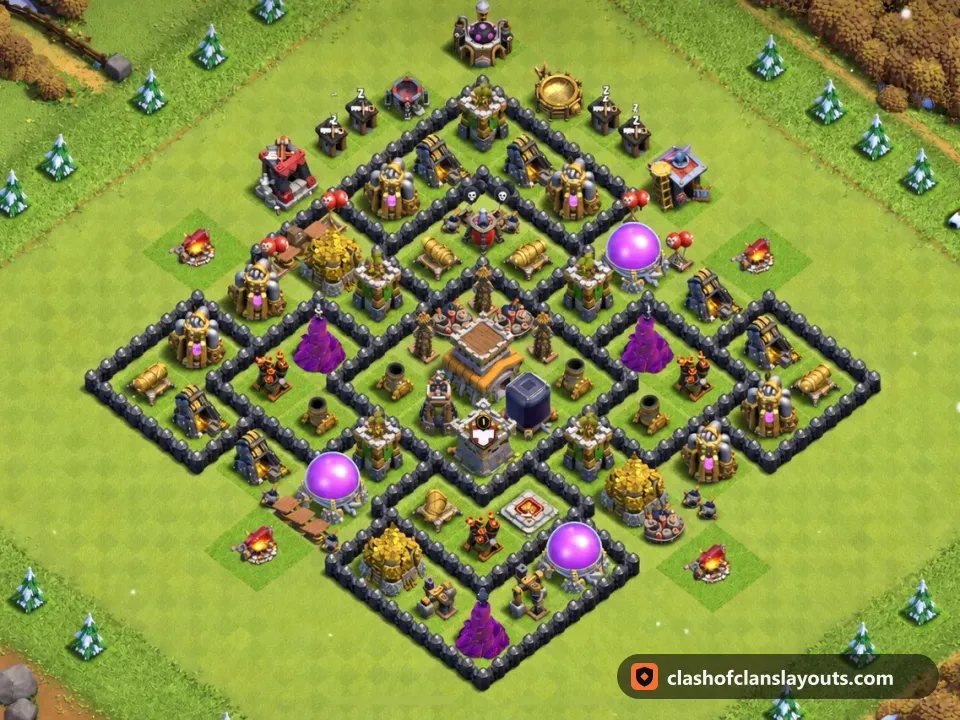 TH8 Hybrid Base Layout 283: Clash of Clans Town Hall 8 hybrid base layout, full base picture