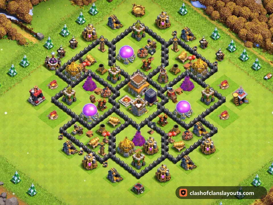 TH8 Hybrid Base Layout 285: Clash of Clans Town Hall 8 hybrid base layout, full base picture
