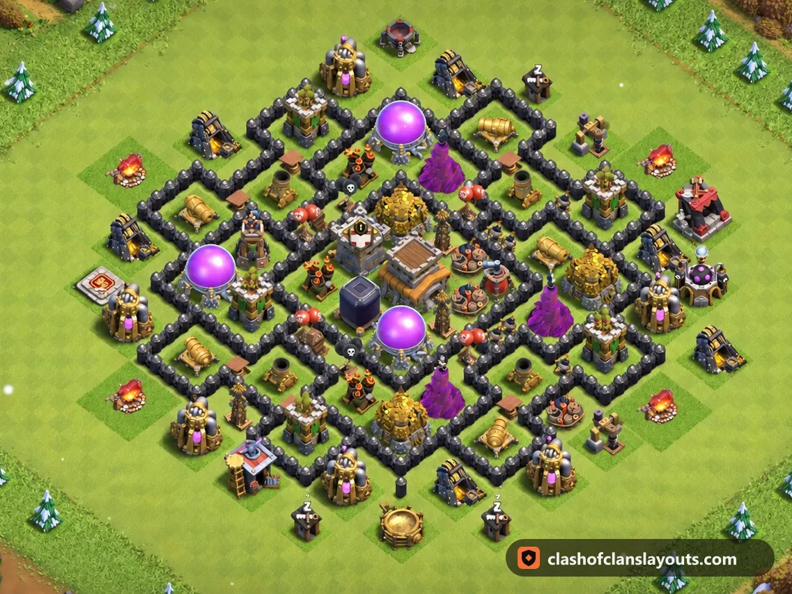 TH8 ハイブリッド配置 286：Clash of Clans タウンホール8のハイブリッド配置、ベース全体の画像