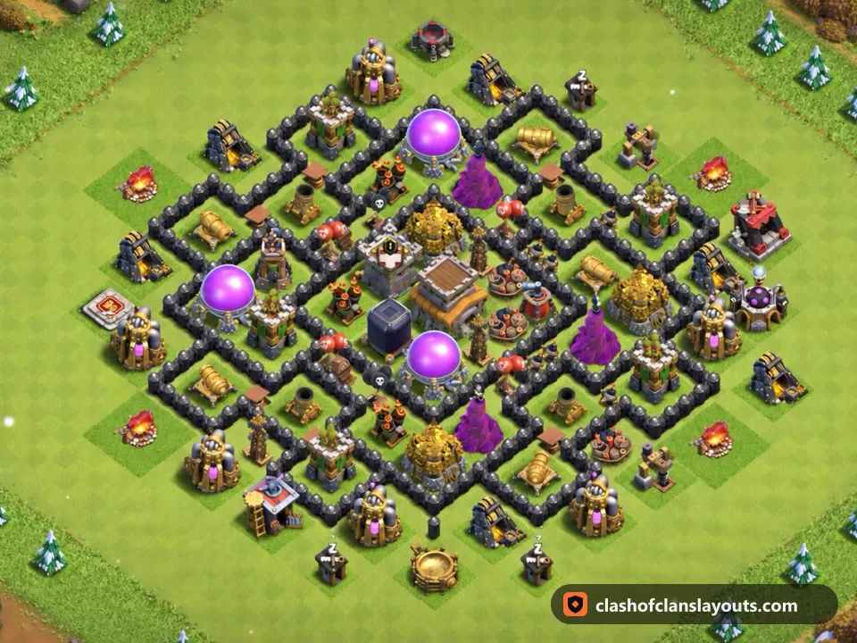 TH8 Hybrid Base Layout 286: Clash of Clans Town Hall 8 hybrid base layout, full base picture