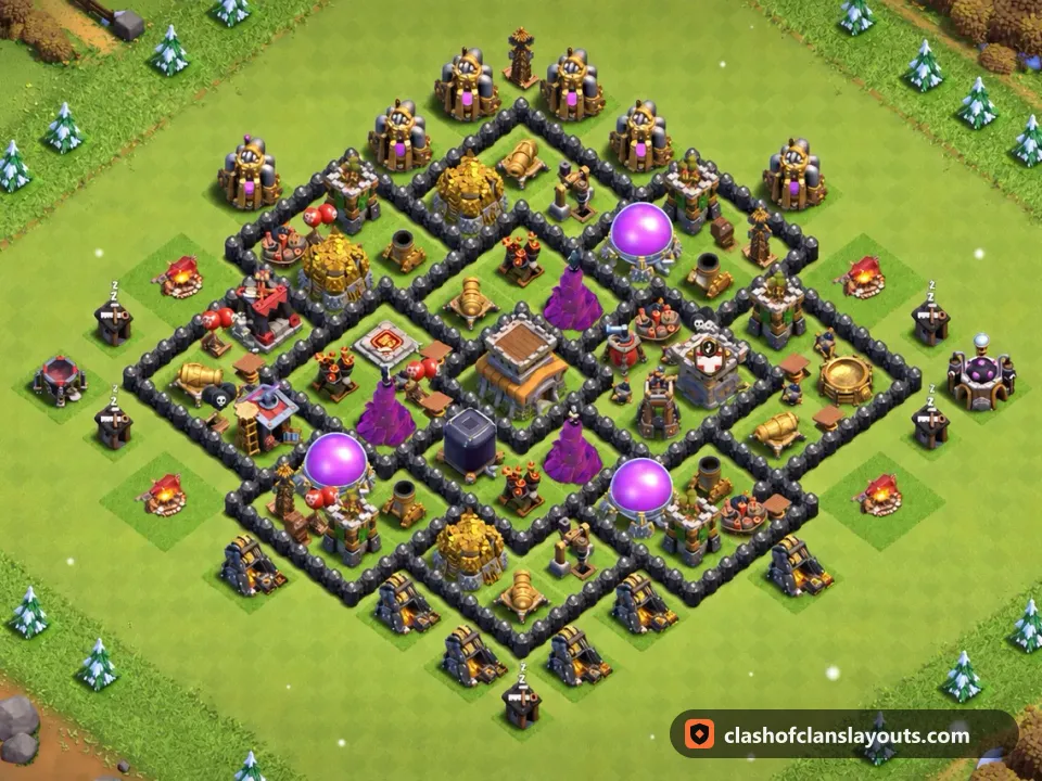 TH8 Hybrid Base Layout 287: Clash of Clans Town Hall 8 hybrid base layout, full base picture