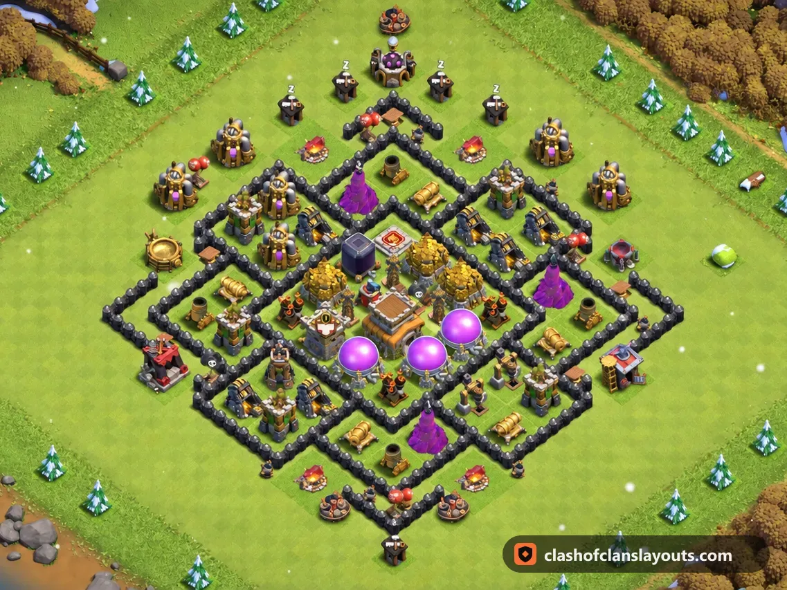Base Híbrida TH8 288: layout de base híbrida de Clash of Clans para Centro de Vila 8, imagem completa da base