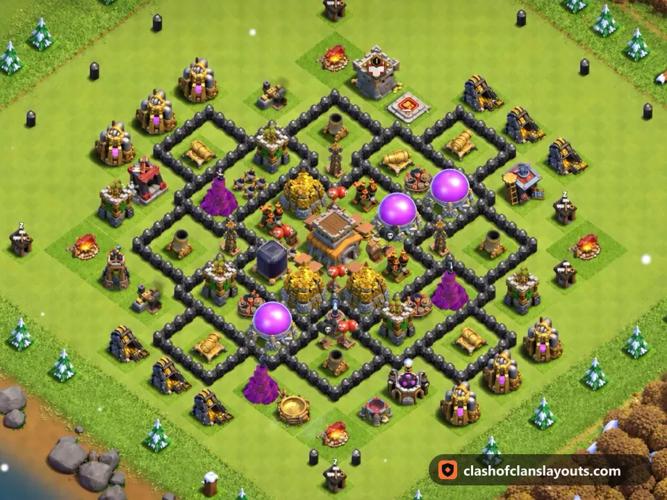 TH8 Hybrid Base Layout 290: Clash of Clans Town Hall 8 hybrid base layout, full base picture