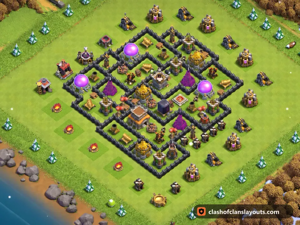 TH8 Hybrid Base Layout 291: Clash of Clans Town Hall 8 hybrid base layout, full base picture