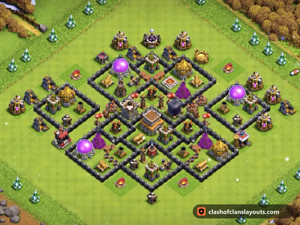 TH8 Hybrid Base Layout 292: Clash of Clans Town Hall 8 hybrid base layout, full base picture