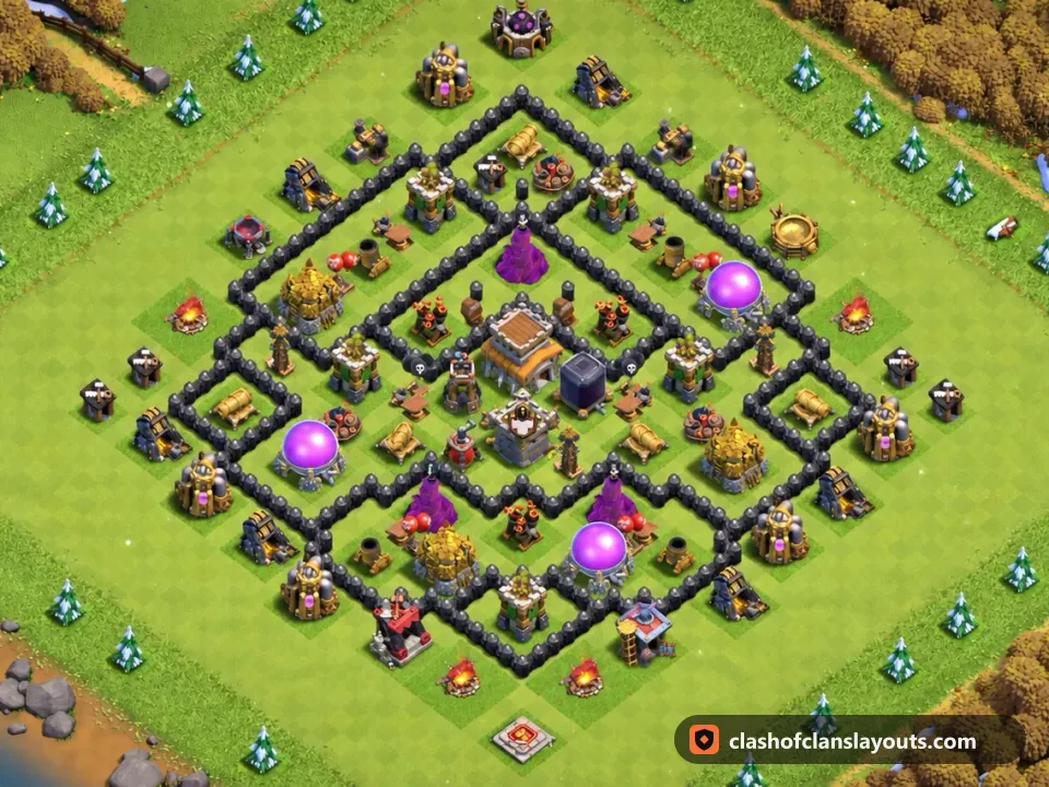TH8 Hybrid Base Layout 293: Clash of Clans Town Hall 8 hybrid base layout, full base picture
