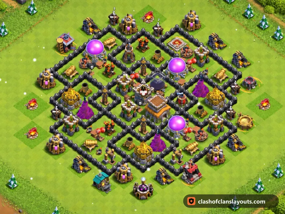 TH8 Hybrid Base Layout 295: Clash of Clans Town Hall 8 hybrid base layout, full base picture