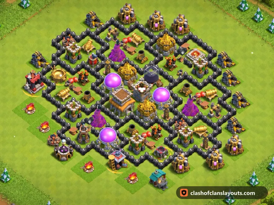 TH8 Hybrid Base Layout 296: Clash of Clans Town Hall 8 hybrid base layout, full base picture