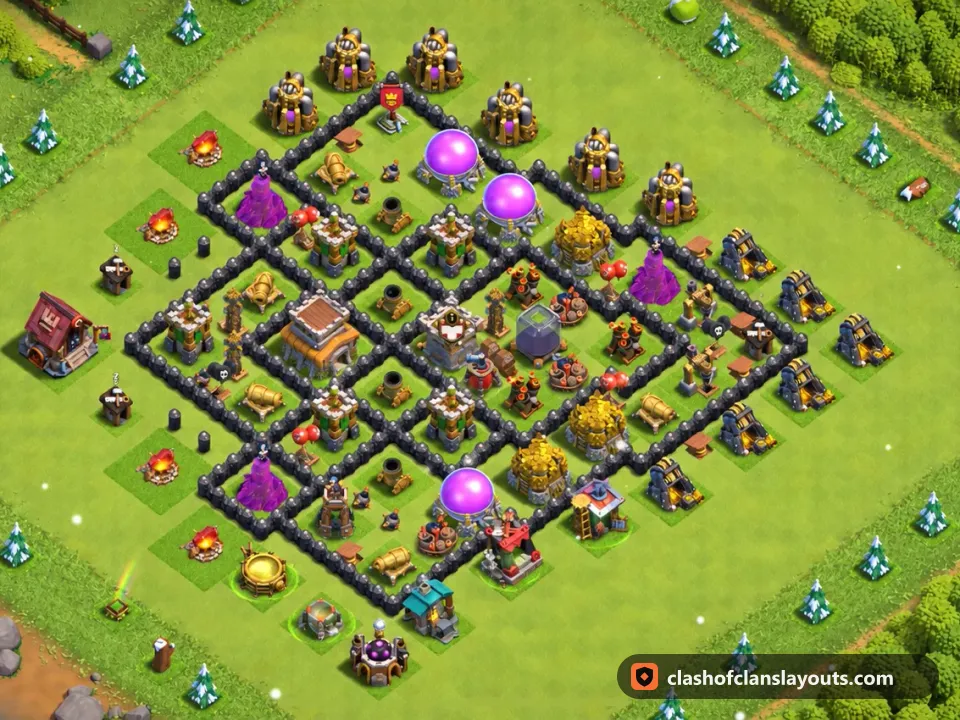 TH8 Trophy Base Layout 278: Clash of Clans Town Hall 8 trophy base layout, full base picture