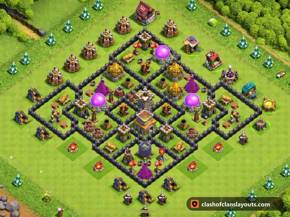 TH8 Trophy Base Layout 279: Clash of Clans Town Hall 8 trophy base layout, full base picture