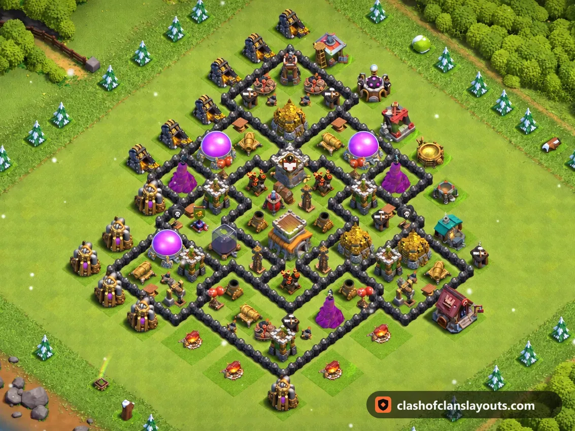 TH8 Trophy Base Layout 280: Clash of Clans Town Hall 8 trophy base layout, full base picture