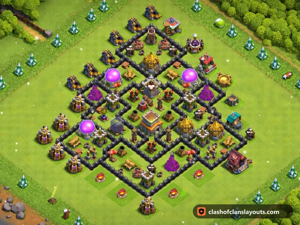 TH8 Trophy Base Layout 280: Clash of Clans Town Hall 8 trophy base layout, full base picture